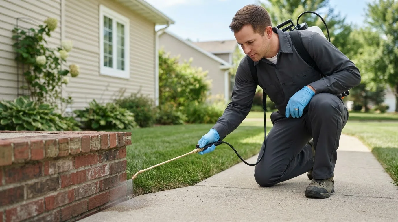 Pest control technician treating a home near Stittville, NY