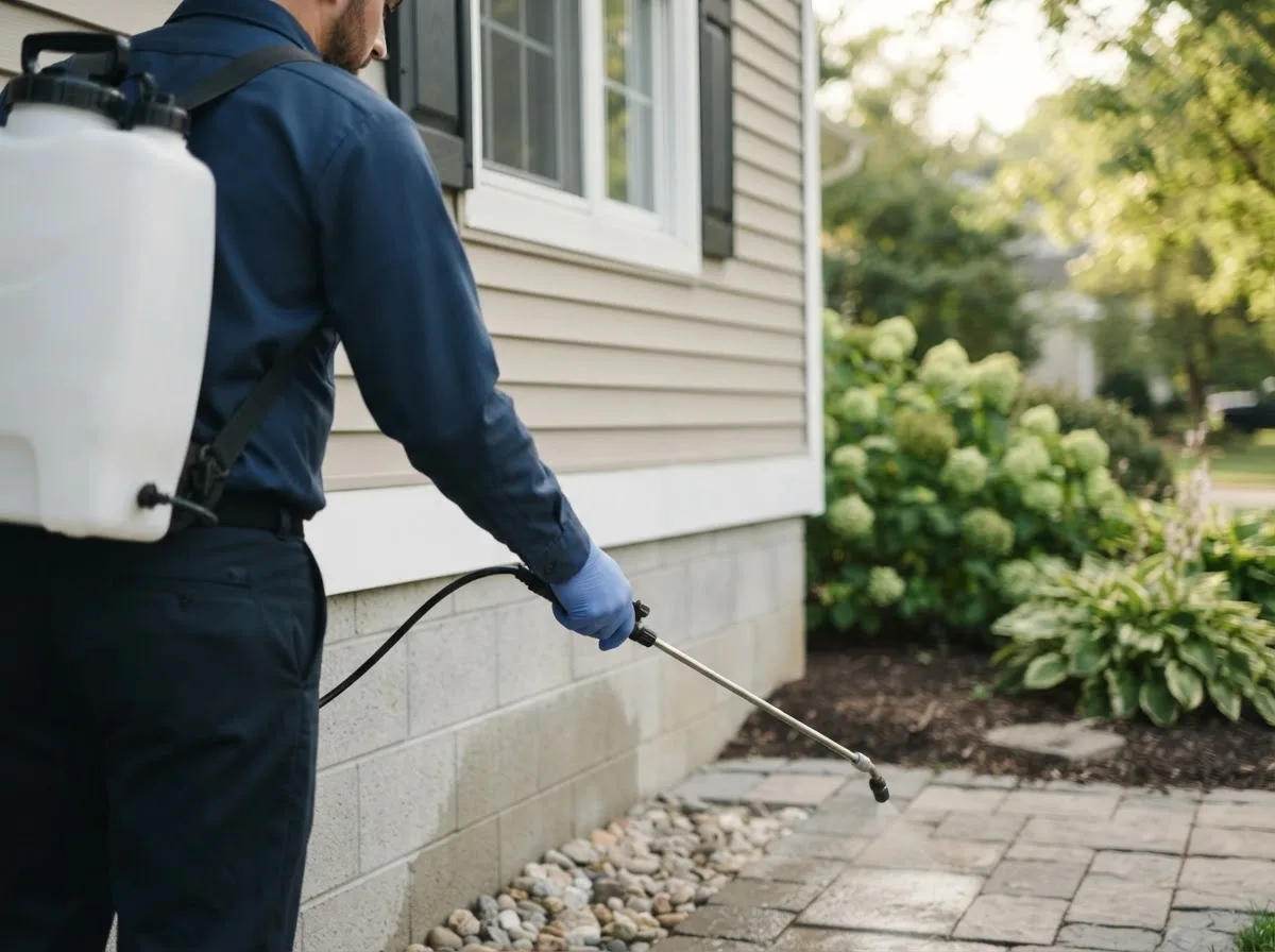Pest control technician inspecting a home in Stittville, NY
